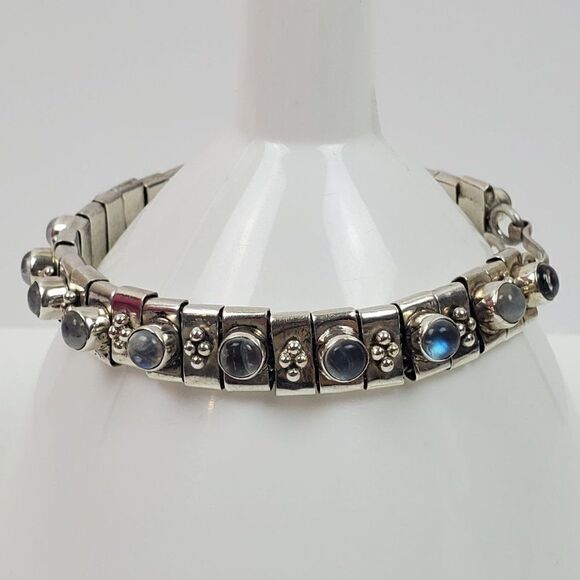 Sterling Silver 925 Opalite Glass Cabochon Panel Bead Link Bracelet Chunky 7.25" - Picture 5 of 15